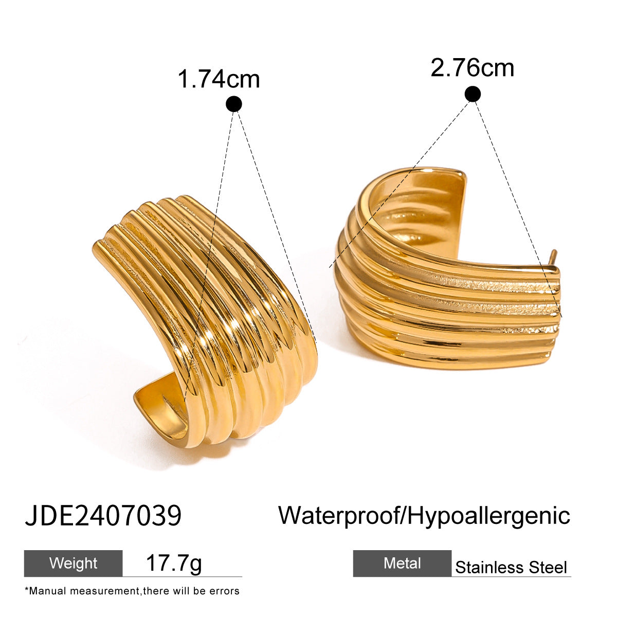 Gold-tone stainless steel geometric statement earrings, 2.76cm, lightweight and hypoallergenic. 5