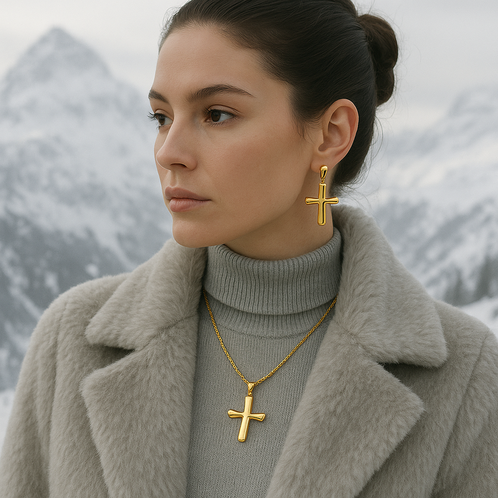 Gold-tone cross pendant necklace with 50cm chain, stainless steel, waterproof, and hypoallergenic design for women. 9