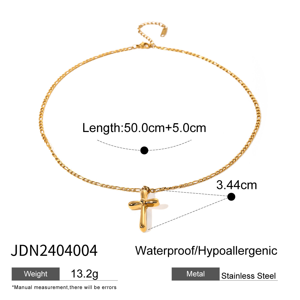 Gold-tone cross pendant necklace with 50cm chain, stainless steel, waterproof, and hypoallergenic design for women. 2