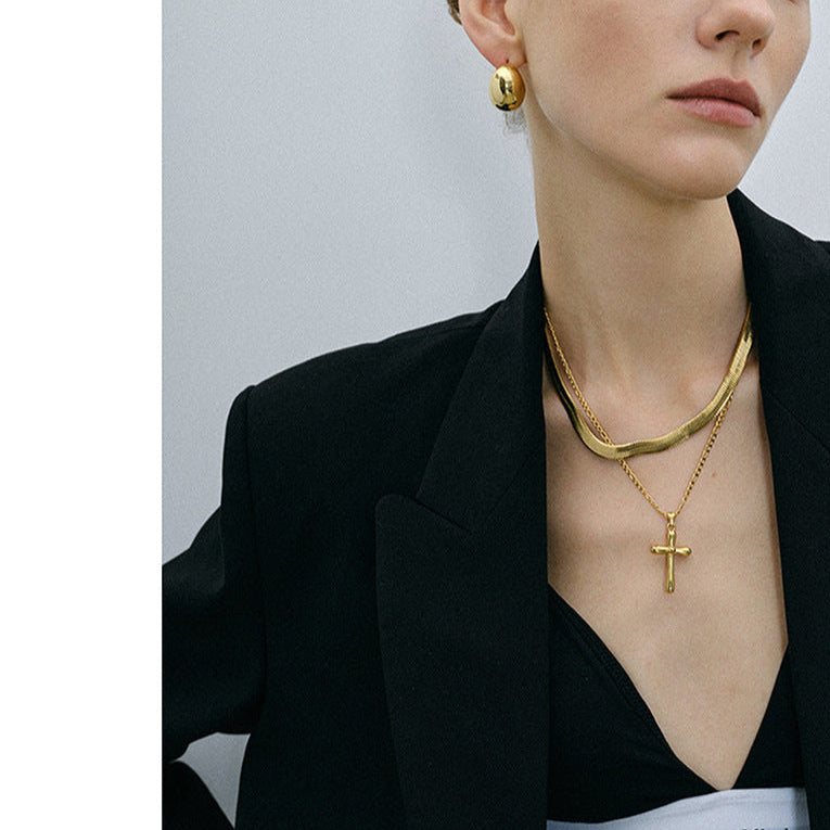 Gold-tone cross pendant necklace with 50cm chain, stainless steel, waterproof, and hypoallergenic design for women. 3