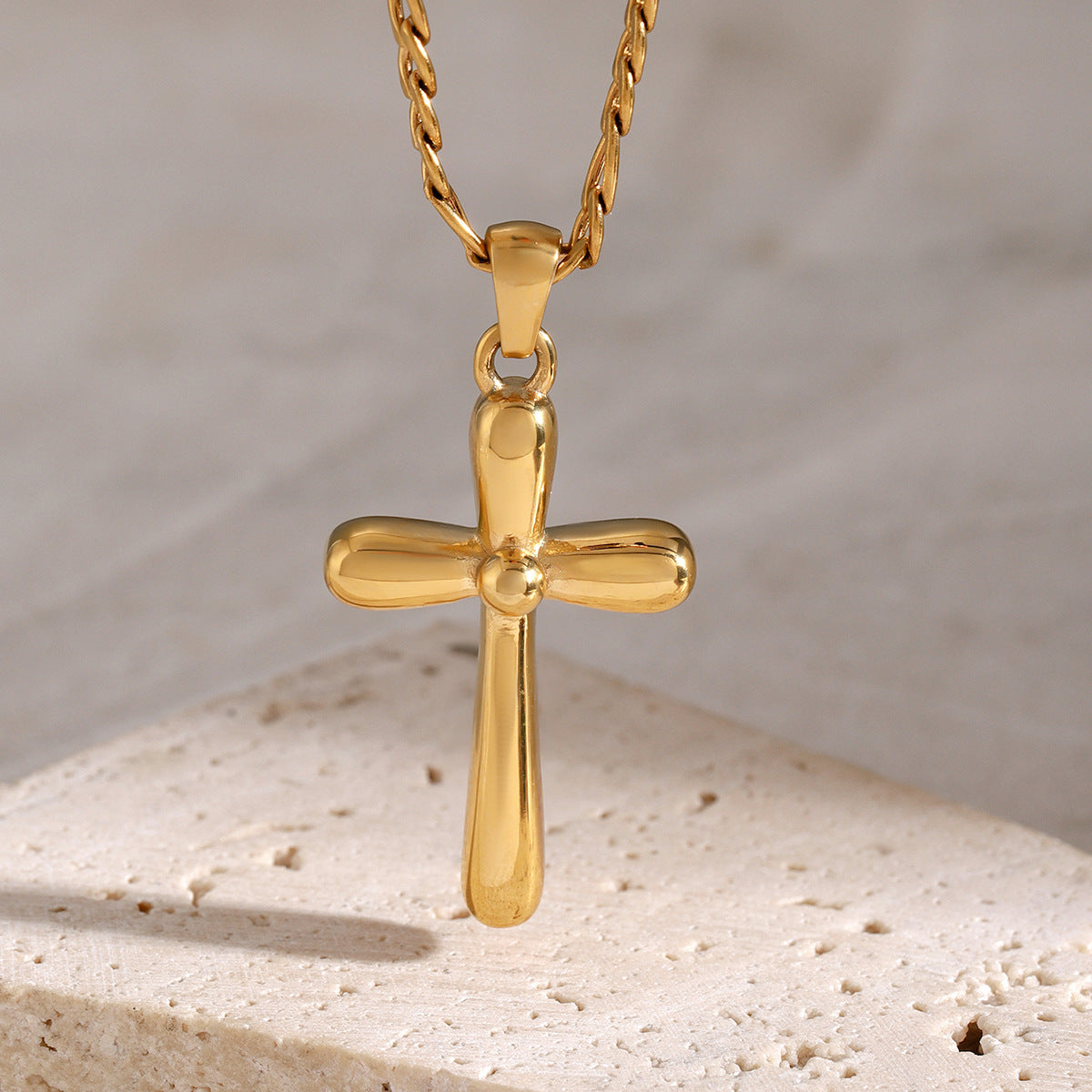 Gold-tone cross pendant necklace with 50cm chain, stainless steel, waterproof, and hypoallergenic design for women. 4