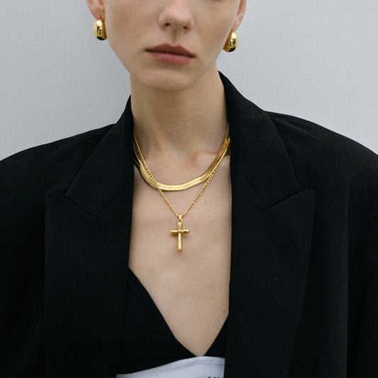 Gold-tone cross pendant necklace with 50cm chain, stainless steel, waterproof, and hypoallergenic design for women. 5