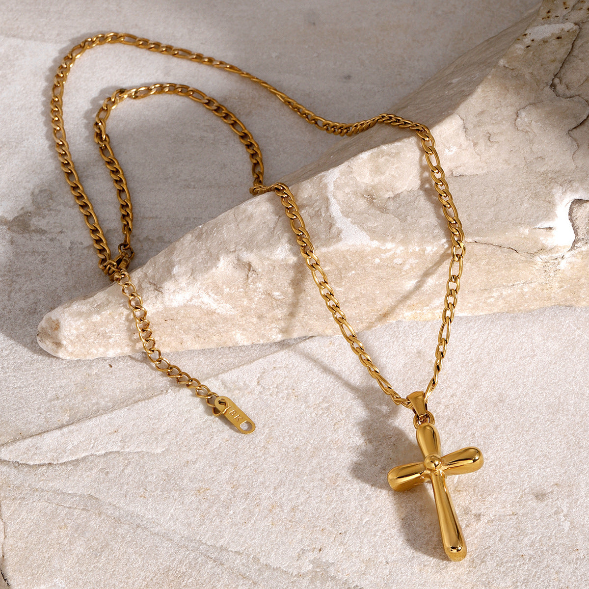 Gold-tone cross pendant necklace with 50cm chain, stainless steel, waterproof, and hypoallergenic design for women. 6