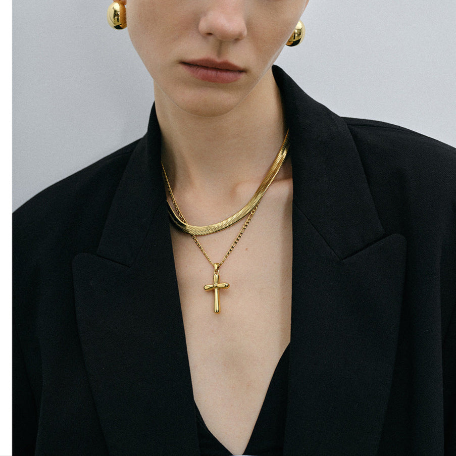 Gold-tone cross pendant necklace with 50cm chain, stainless steel, waterproof, and hypoallergenic design for women. 7