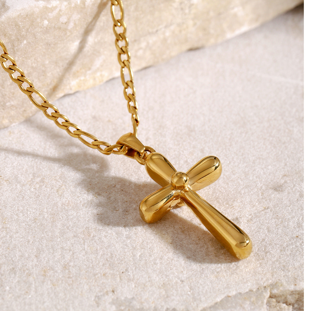 Gold-tone cross pendant necklace with 50cm chain, stainless steel, waterproof, and hypoallergenic design for women. 8