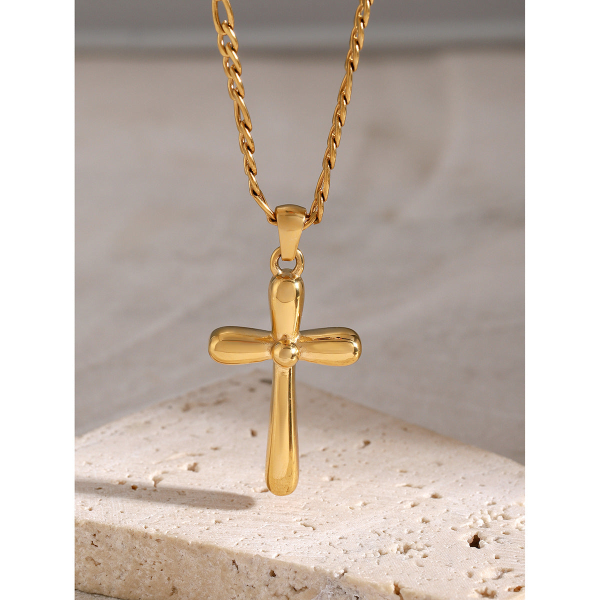 Gold-tone cross pendant necklace with 50cm chain, stainless steel, waterproof, and hypoallergenic design for women. 9