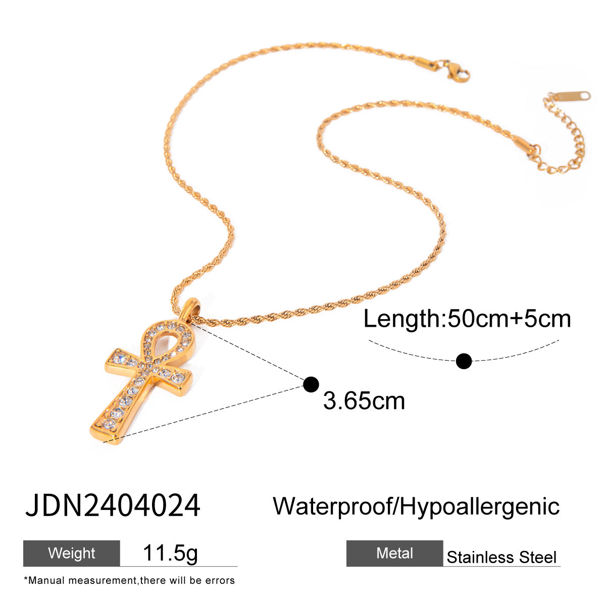 Gold-tone stainless steel necklace with crystal-studded Ankh cross pendant, 50cm chain + 5cm extension, waterproof and hypoallergenic, product code JDN2404024, weight 11.5g - 1