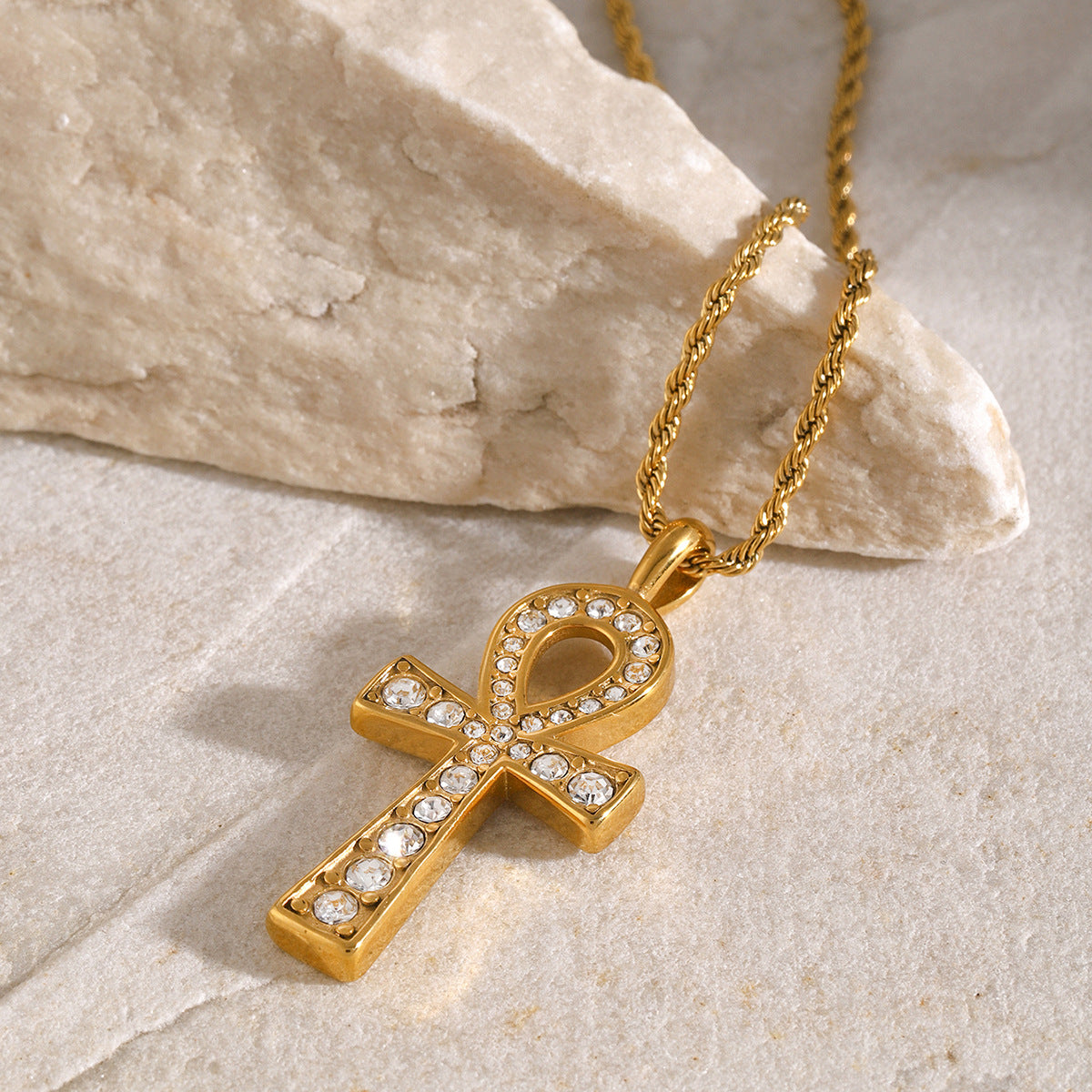 Gold-tone stainless steel necklace with crystal-studded Ankh cross pendant, 50cm chain + 5cm extension, waterproof and hypoallergenic, product code JDN2404024, weight 11.5g - 2