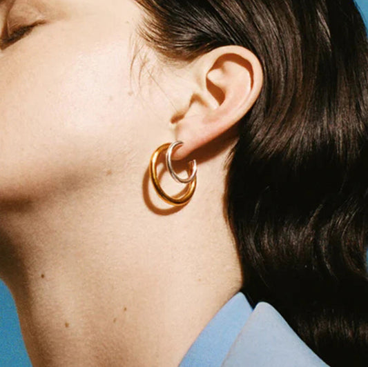 Gold-tone stainless steel double hoop earrings, 2.6cm diameter, ultra-lightweight 5.19g 1
