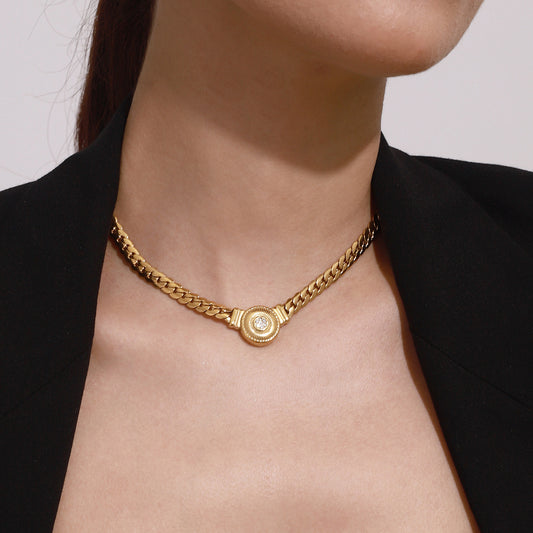 Gold-tone pearl bead choker necklace set with layered stainless steel chains for women. 1