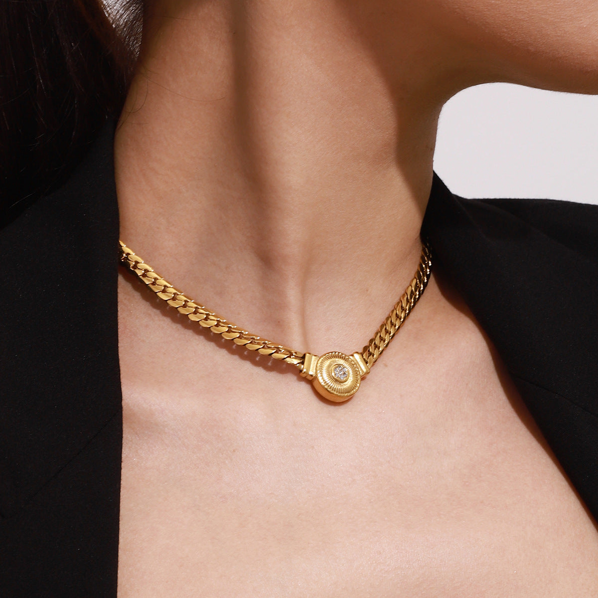 Gold-tone pearl bead choker necklace set with layered stainless steel chains for women. 2