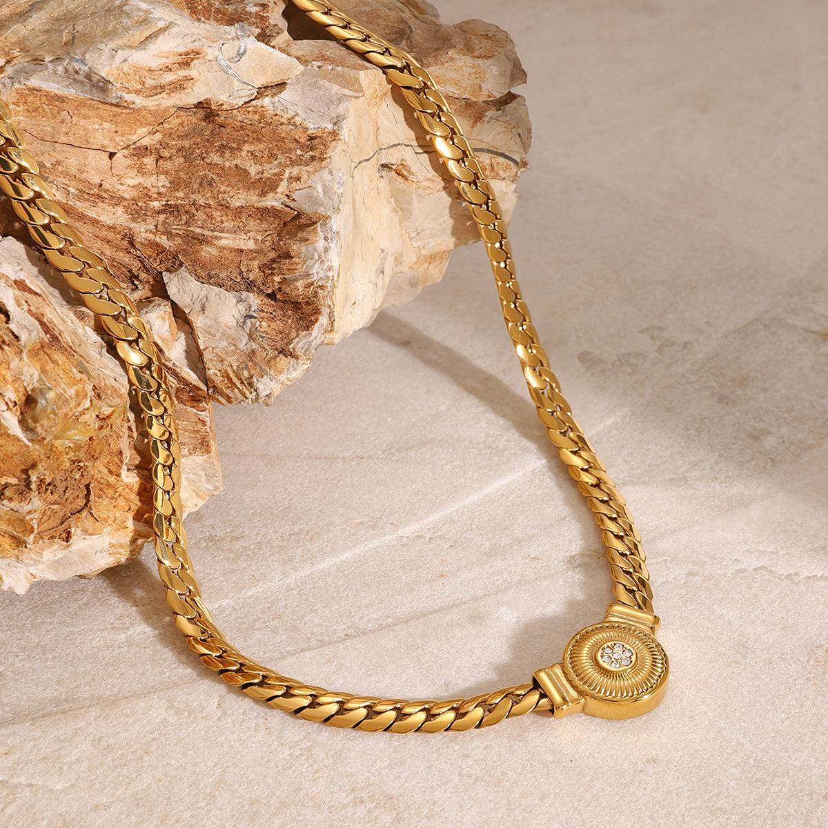 Gold-tone pearl bead choker necklace set with layered stainless steel chains for women. 3