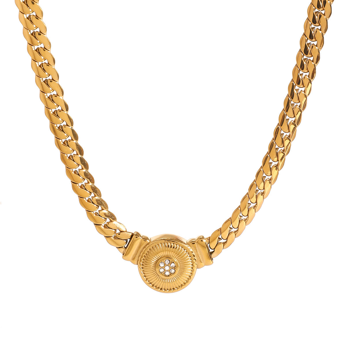 Gold-tone pearl bead choker necklace set with layered stainless steel chains for women. 4