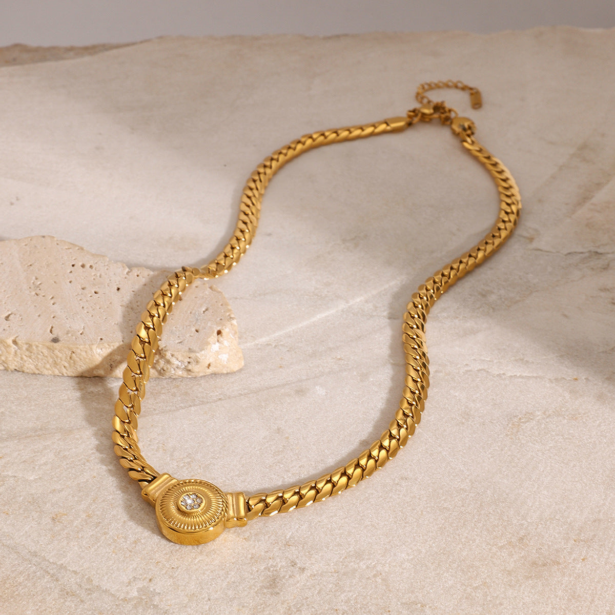 Gold-tone pearl bead choker necklace set with layered stainless steel chains for women. 6