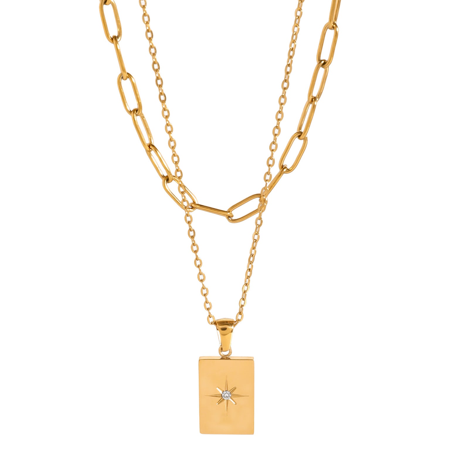 Gold-tone rectangle pendant necklace set with white stones, featuring two-layer stainless steel chains for women. 5