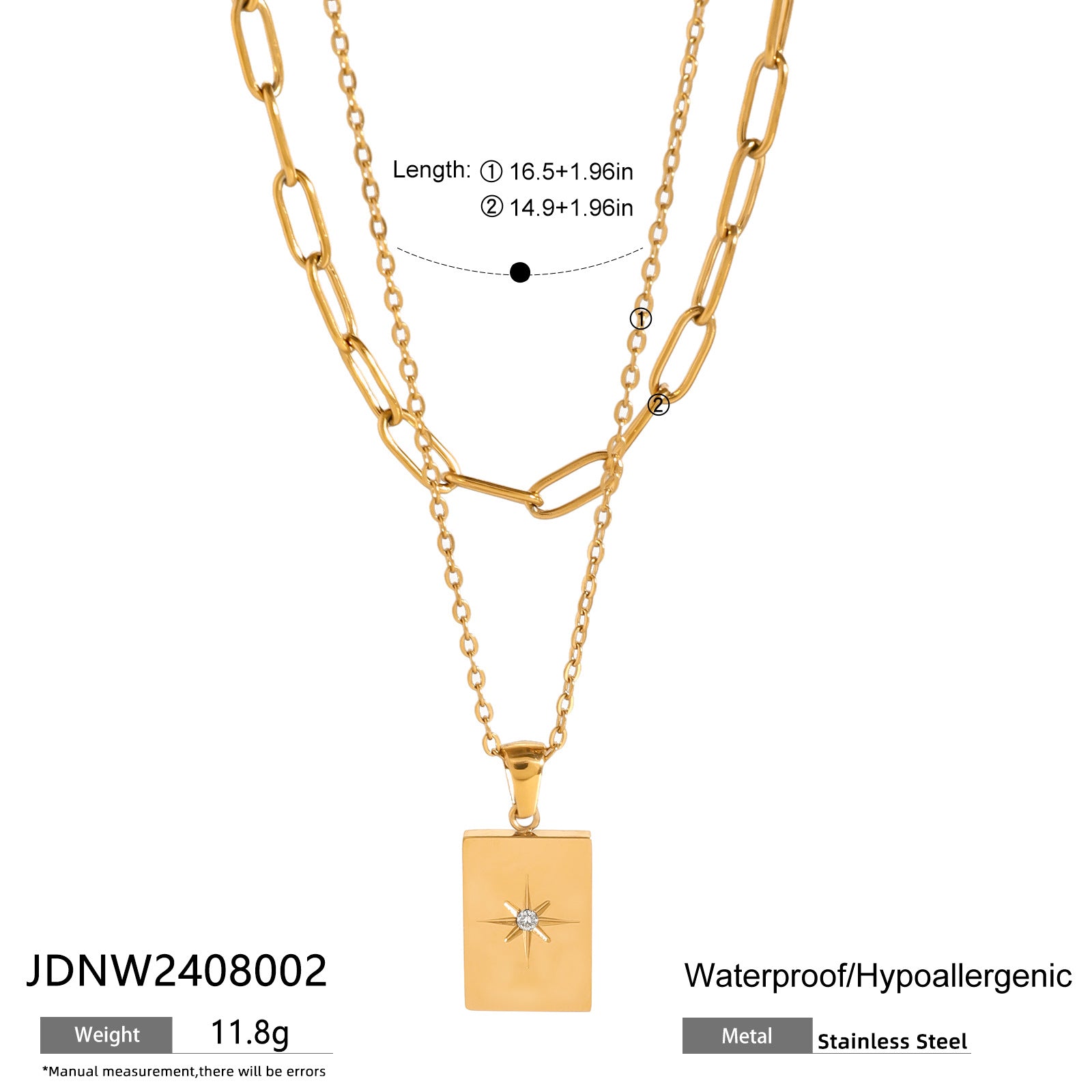 Gold-tone rectangle pendant necklace set with white stones, featuring two-layer stainless steel chains for women. 6