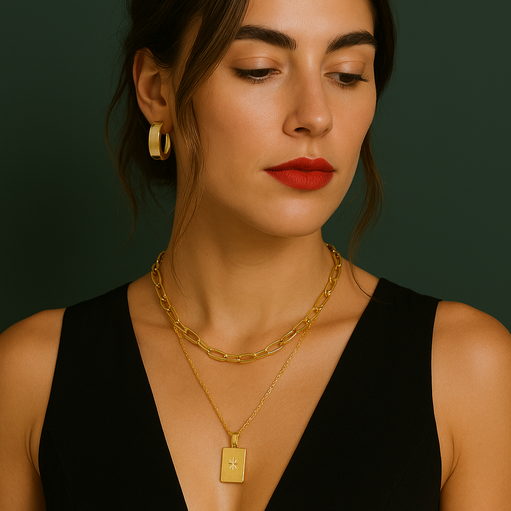 Gold-tone rectangle pendant necklace set with white stones, featuring two-layer stainless steel chains for women. 3