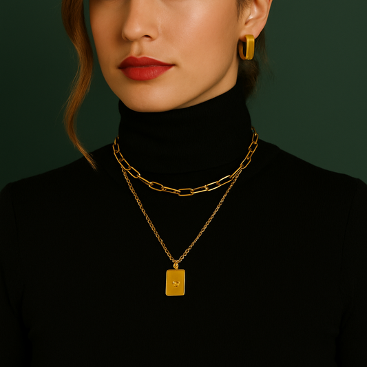 Gold-tone rectangle pendant necklace set with white stones, featuring two-layer stainless steel chains for women. 39