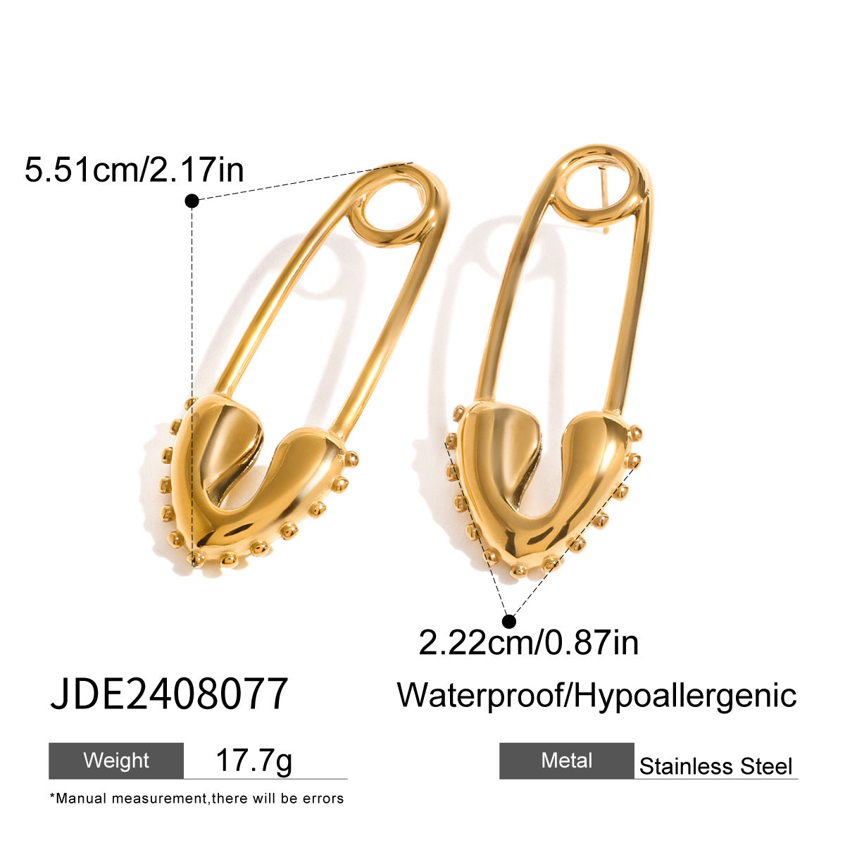 Gold-tone stainless steel minimalist safety pin earrings, 5.51cm length, edgy everyday jewelry 4