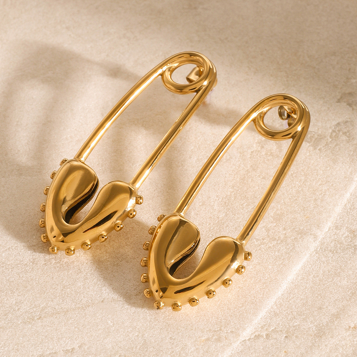 Gold-tone stainless steel minimalist safety pin earrings, 5.51cm length, edgy everyday jewelry 5