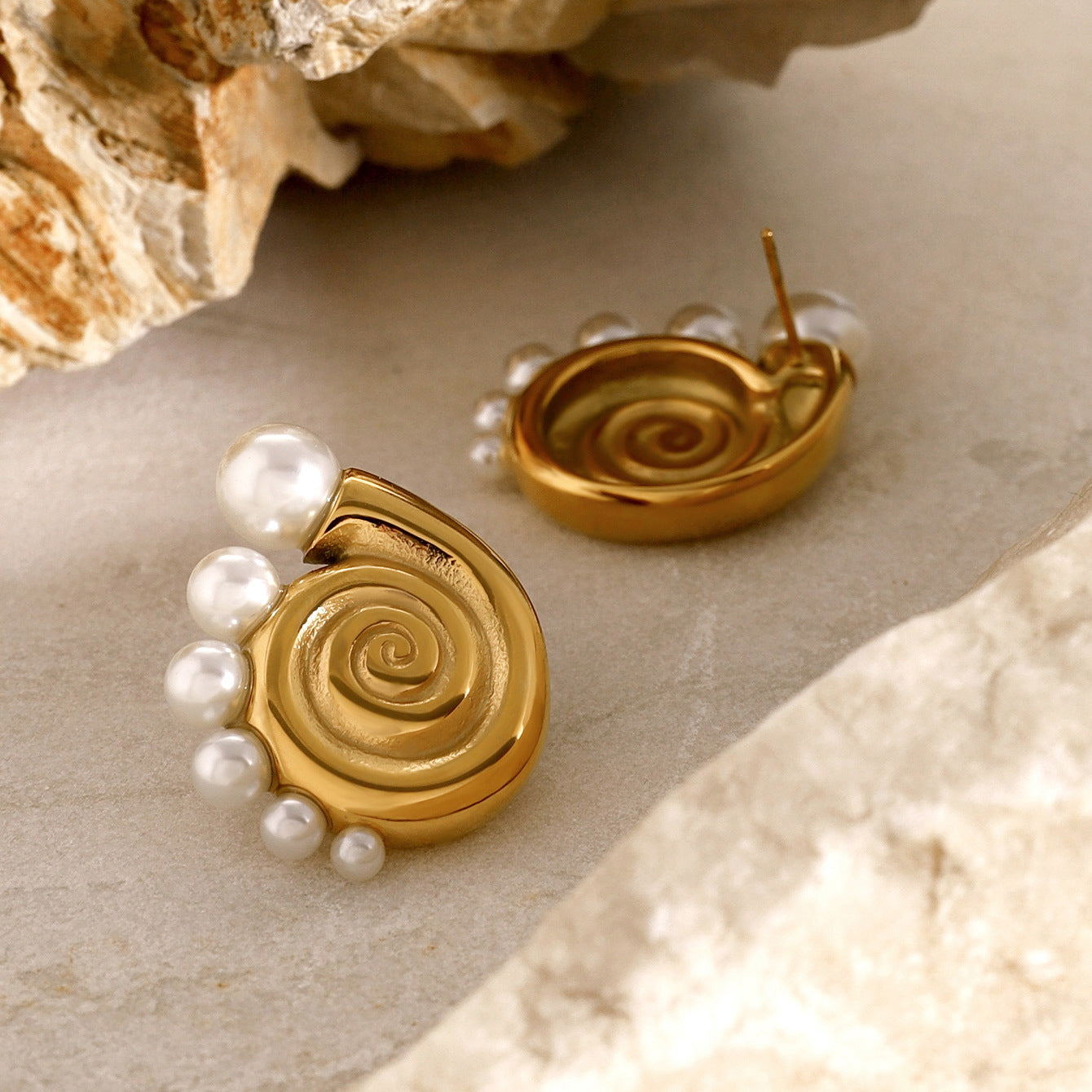 
Gold-tone spiral pearl hoop earrings (2.91cm) with adjustable design by Arza Accessories - waterproof statement jewelry for special occasions 1
