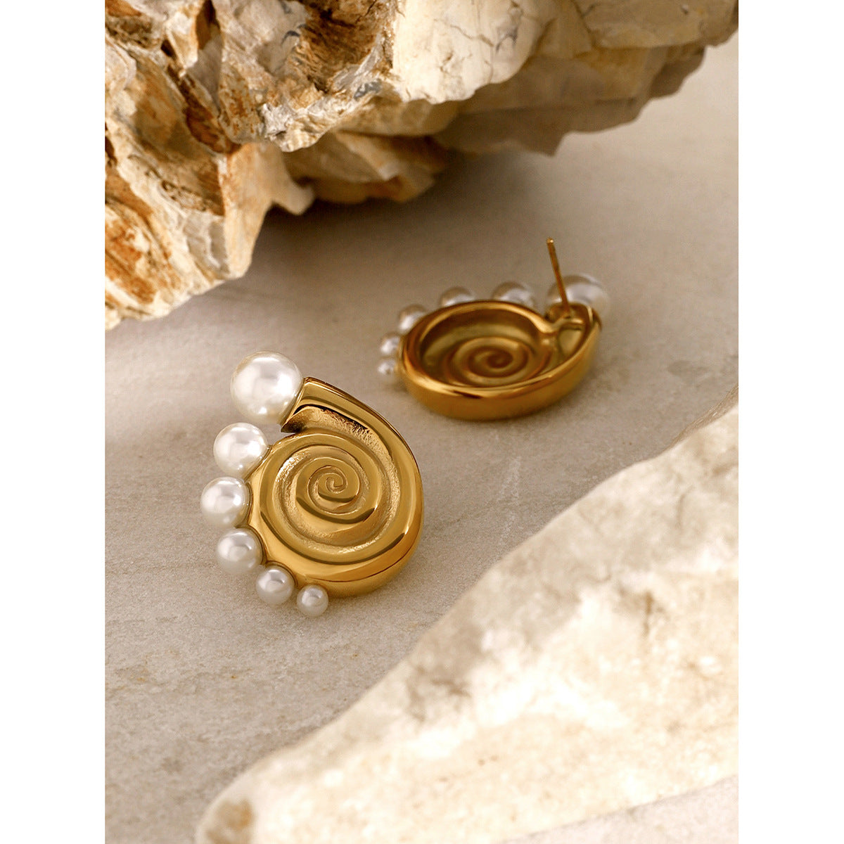 Gold-tone spiral pearl hoop earrings (2.91cm) with adjustable design by Arza Accessories - waterproof statement jewelry for special occasions 10