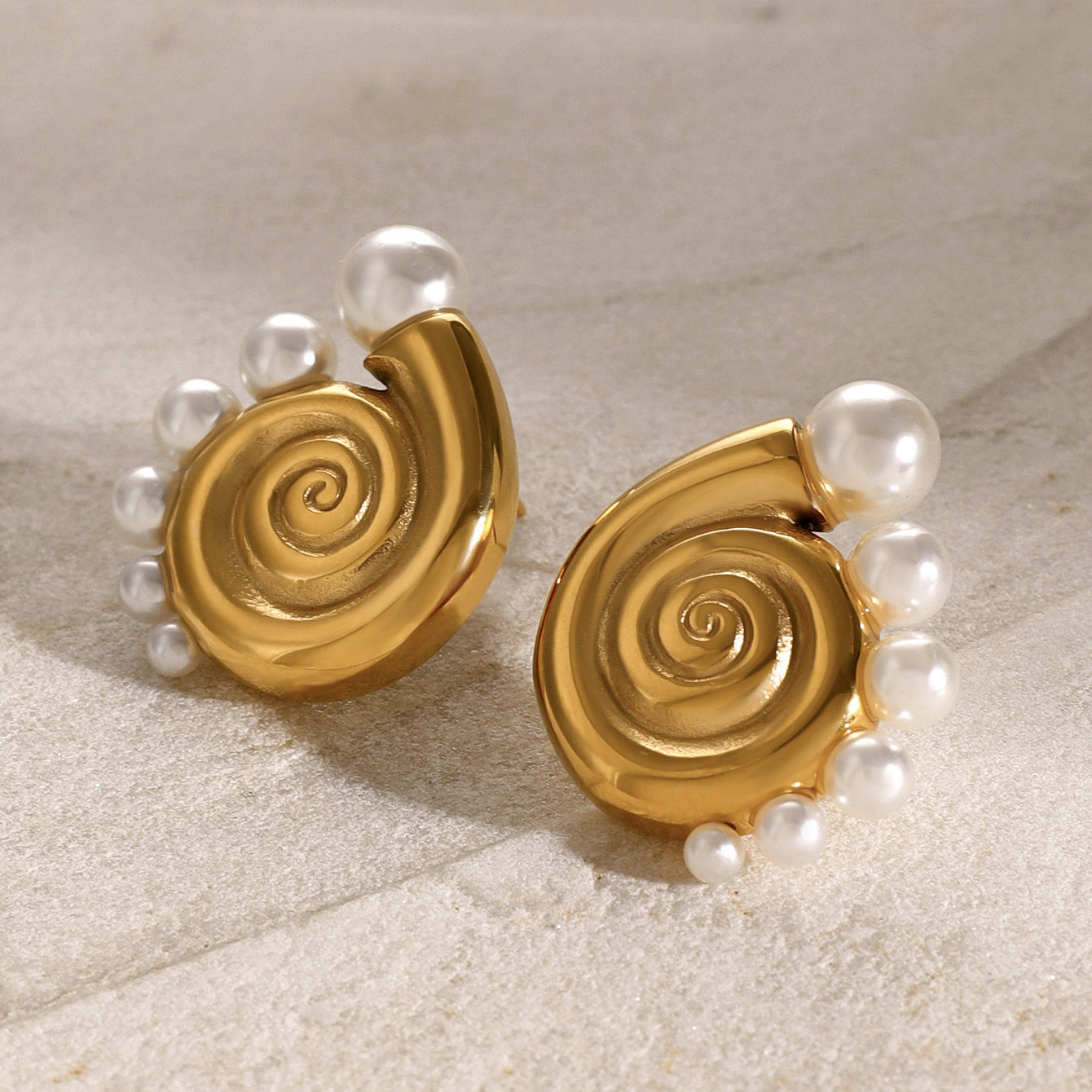 Gold-tone spiral pearl hoop earrings (2.91cm) with adjustable design by Arza Accessories - waterproof statement jewelry for special occasions 11