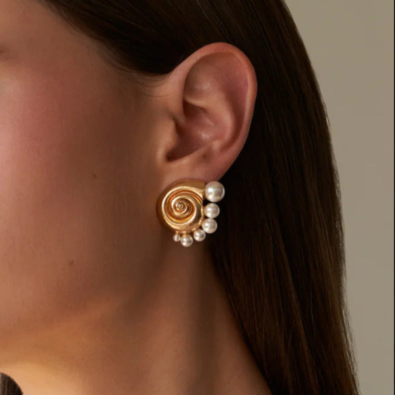 Gold-tone spiral pearl hoop earrings (2.91cm) with adjustable design by Arza Accessories - waterproof statement jewelry for special occasions 2