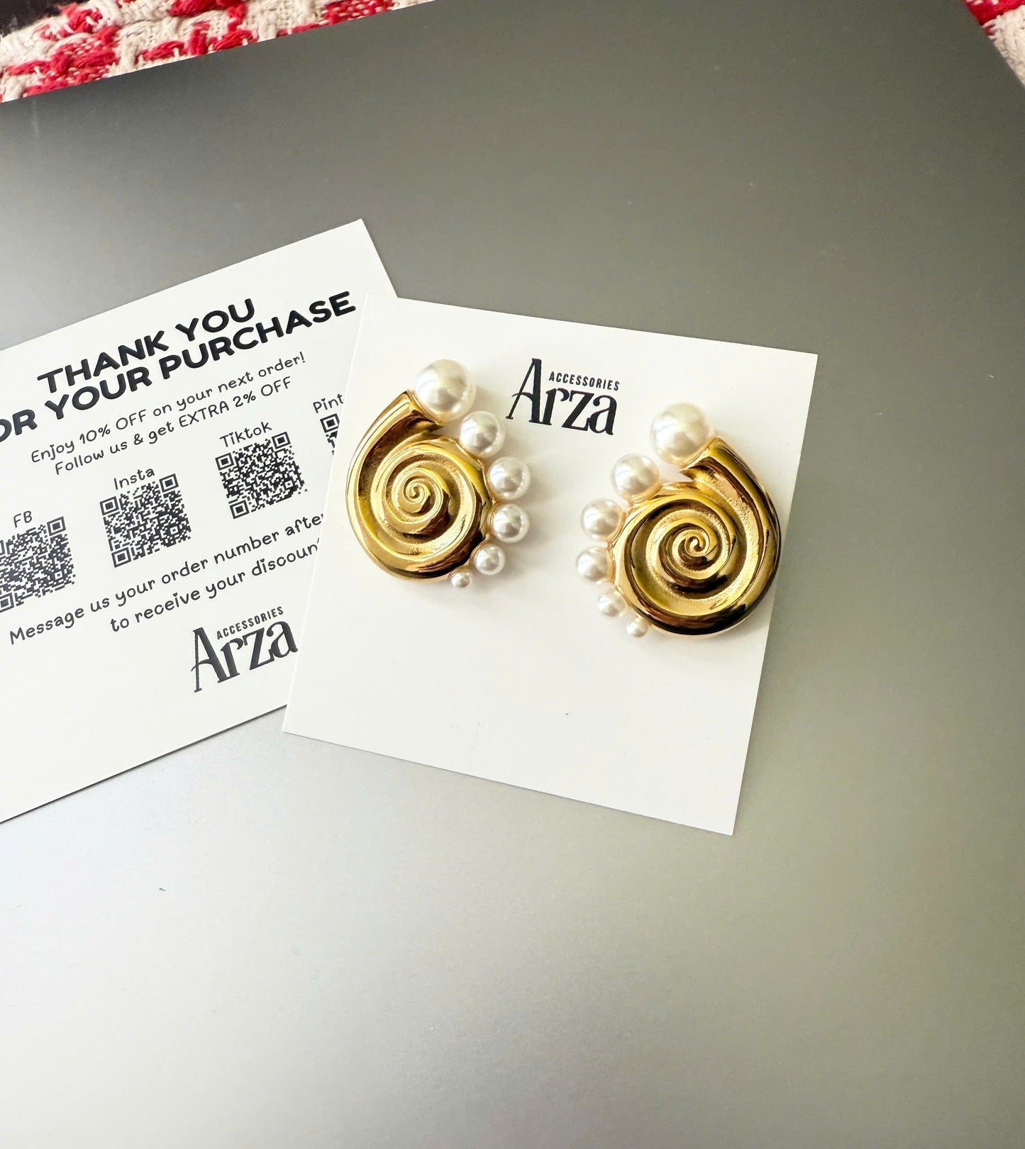 Gold-tone spiral pearl hoop earrings (2.91cm) with adjustable design by Arza Accessories - waterproof statement jewelry for special occasions 21