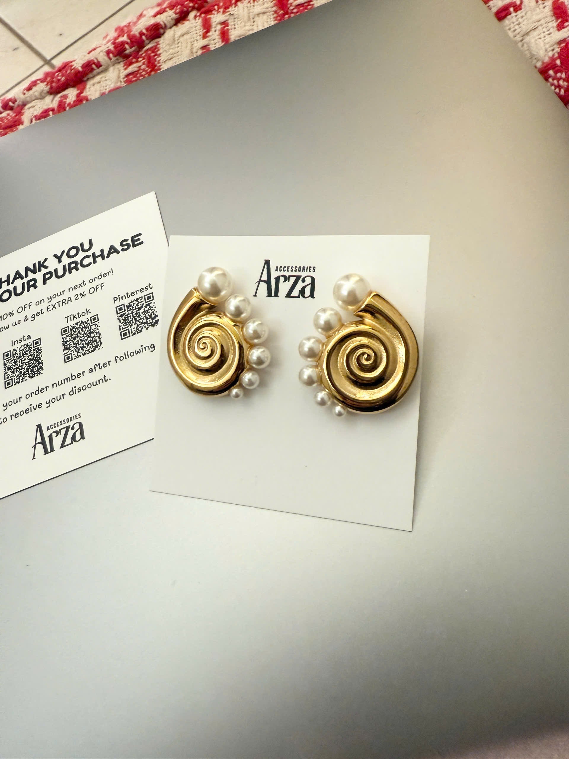 Gold-tone spiral pearl hoop earrings (2.91cm) with adjustable design by Arza Accessories - waterproof statement jewelry for special occasions 26