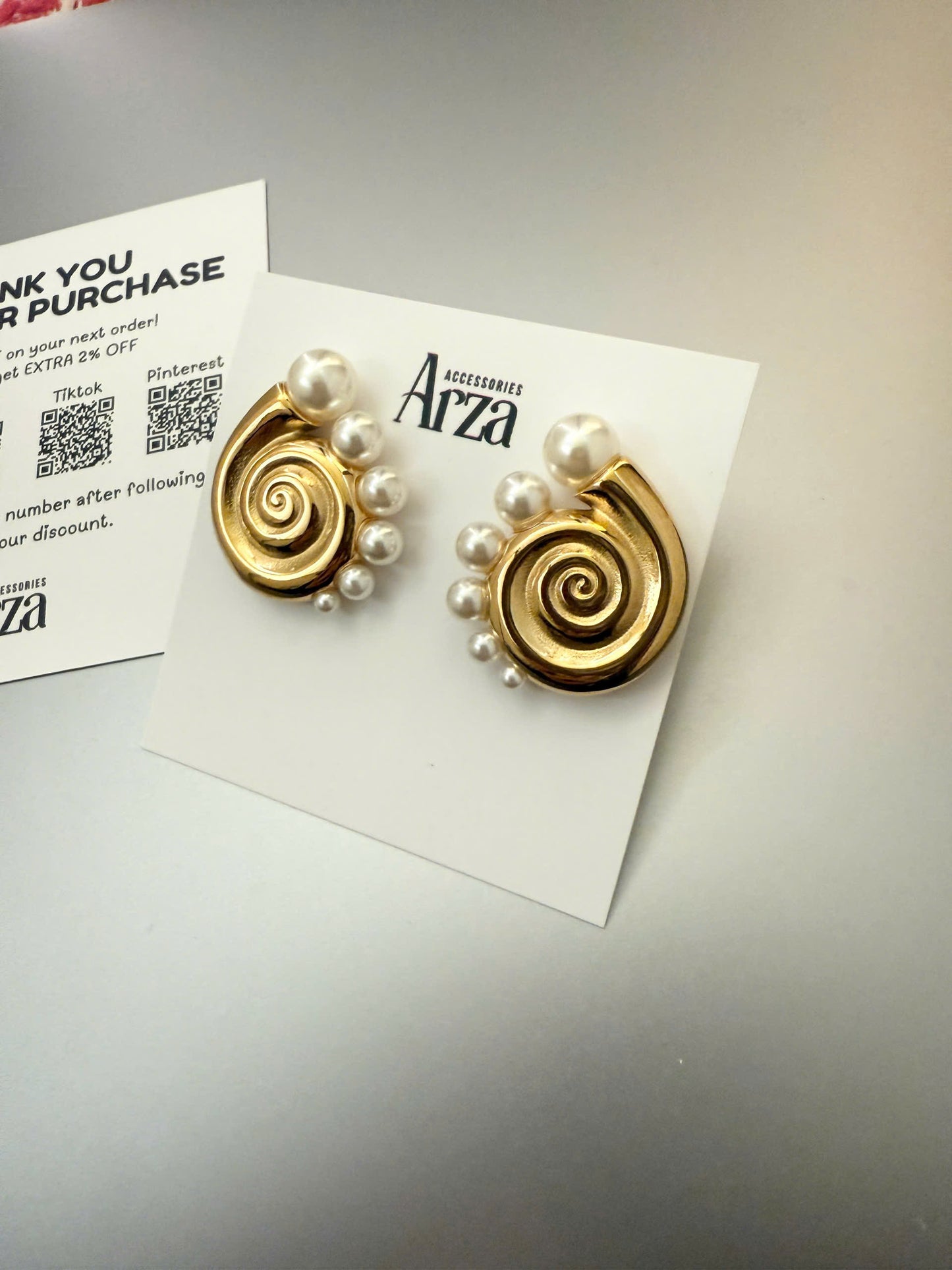 Gold-tone spiral pearl hoop earrings (2.91cm) with adjustable design by Arza Accessories - waterproof statement jewelry for special occasions 27