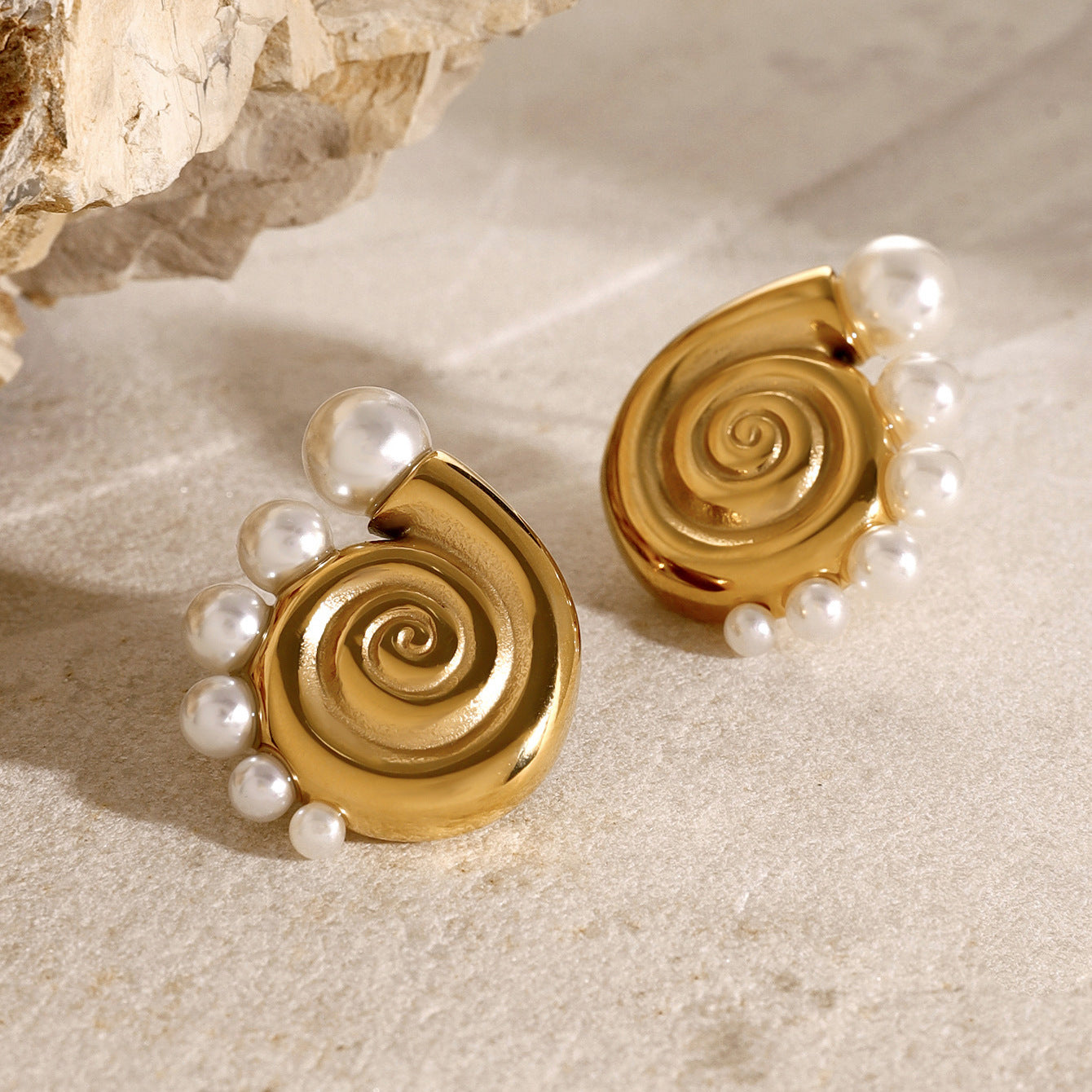 Gold-tone spiral pearl hoop earrings (2.91cm) with adjustable design by Arza Accessories - waterproof statement jewelry for special occasions 5