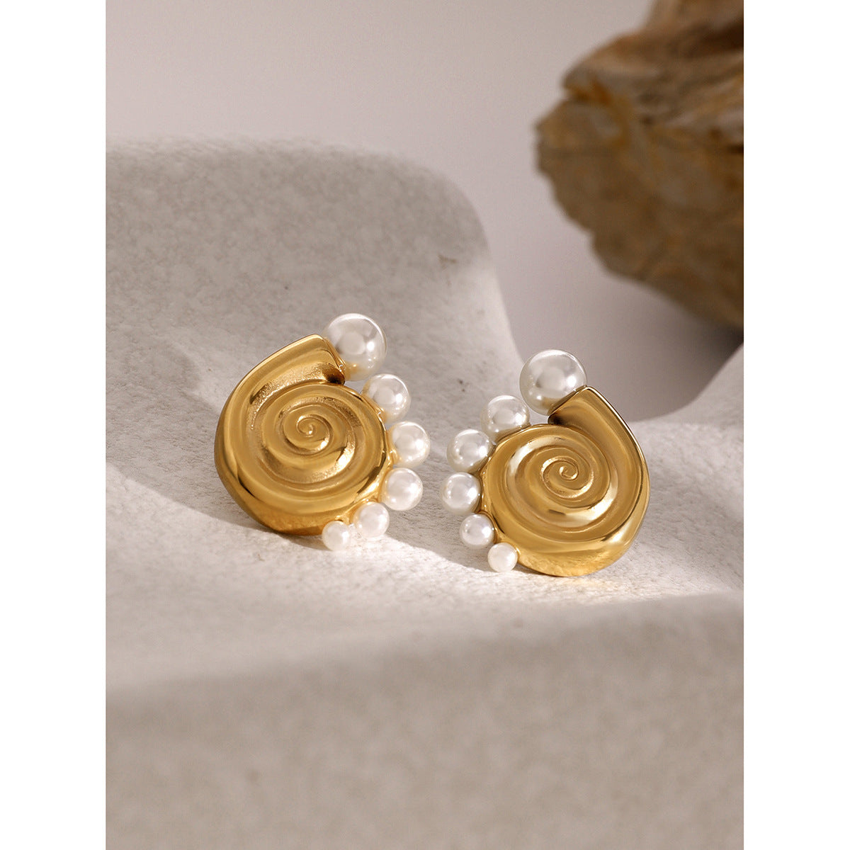 Gold-tone spiral pearl hoop earrings (2.91cm) with adjustable design by Arza Accessories - waterproof statement jewelry for special occasions 7