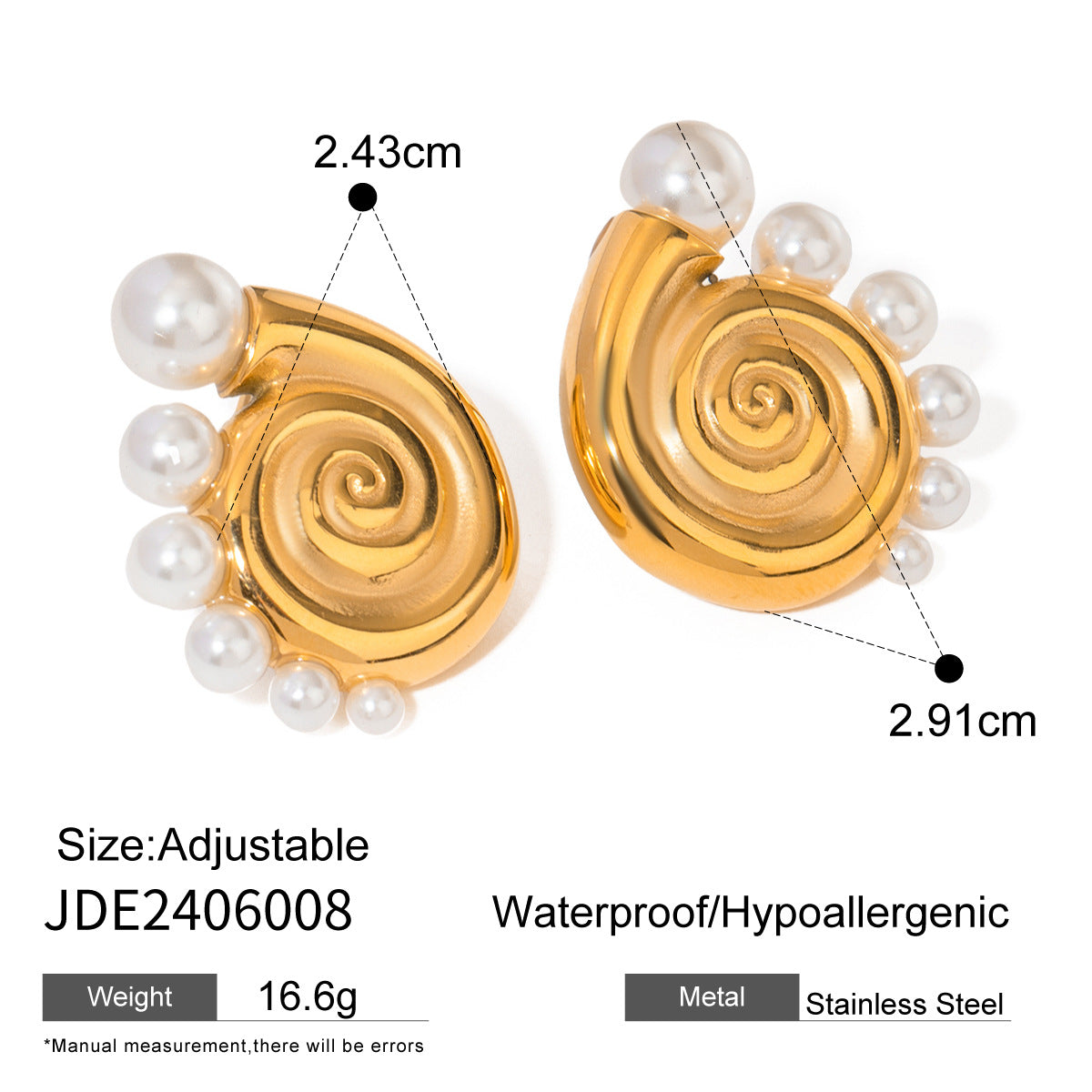 Gold-tone spiral pearl hoop earrings (2.91cm) with adjustable design by Arza Accessories - waterproof statement jewelry for special occasions 8