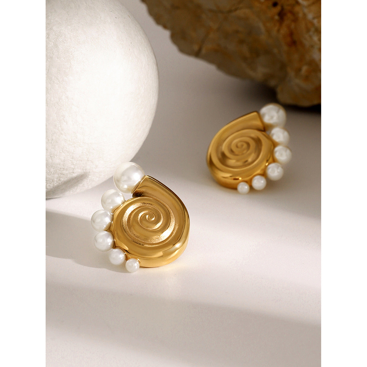 Gold-tone spiral pearl hoop earrings (2.91cm) with adjustable design by Arza Accessories - waterproof statement jewelry for special occasions 9