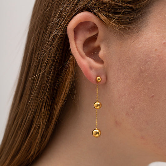 Gold ball dangle earrings for women (5cm length) - trendy casual jewelry with modern design - 9