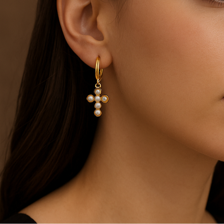 Hypoallergenic gold cross earrings with pearl studs for women, simple and elegant design for everyday or party wear. -19