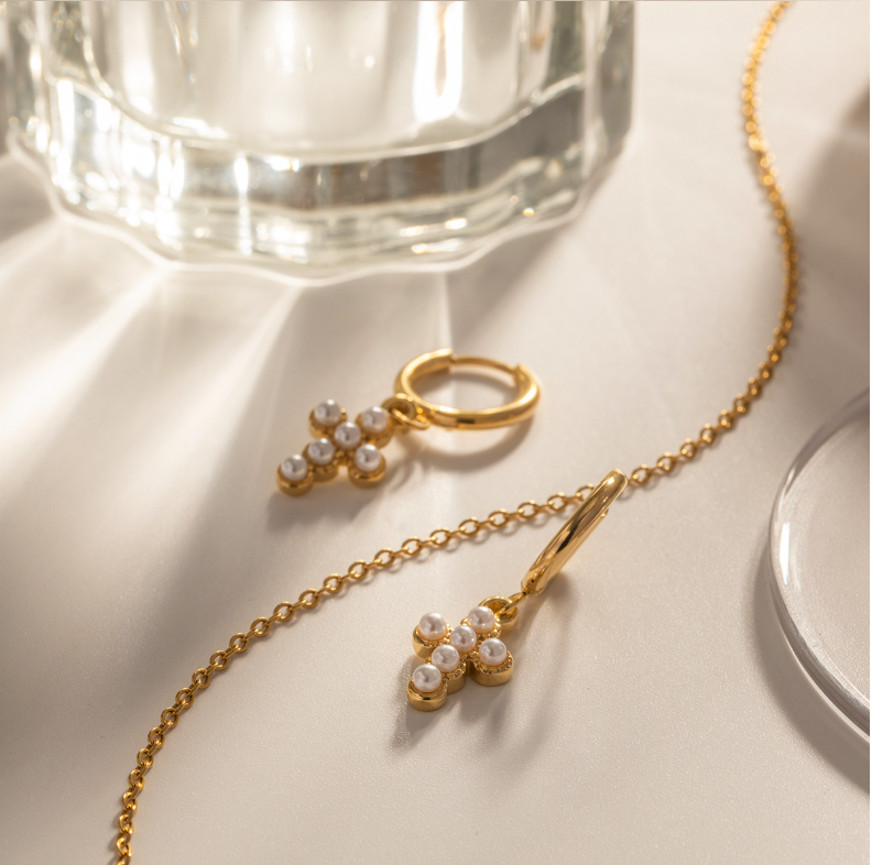 Hypoallergenic gold cross earrings with pearl studs for women, simple and elegant design for everyday or party wear. - 7