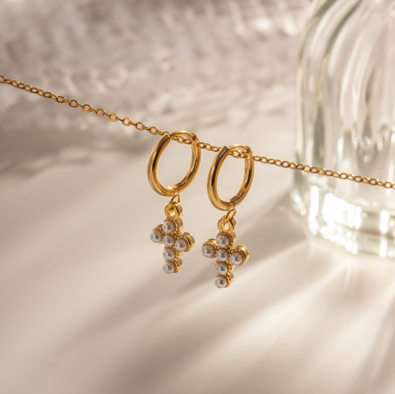 Hypoallergenic gold cross earrings with pearl studs for women, simple and elegant design for everyday or party wear. - 8