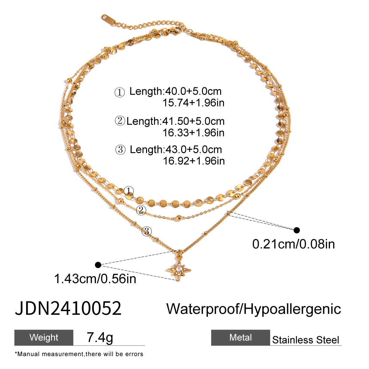 Three gold layered necklaces (40+5cm, 41.5+5cm, 43+5cm) with 1.43cm coin charm, shown in boho styling 7