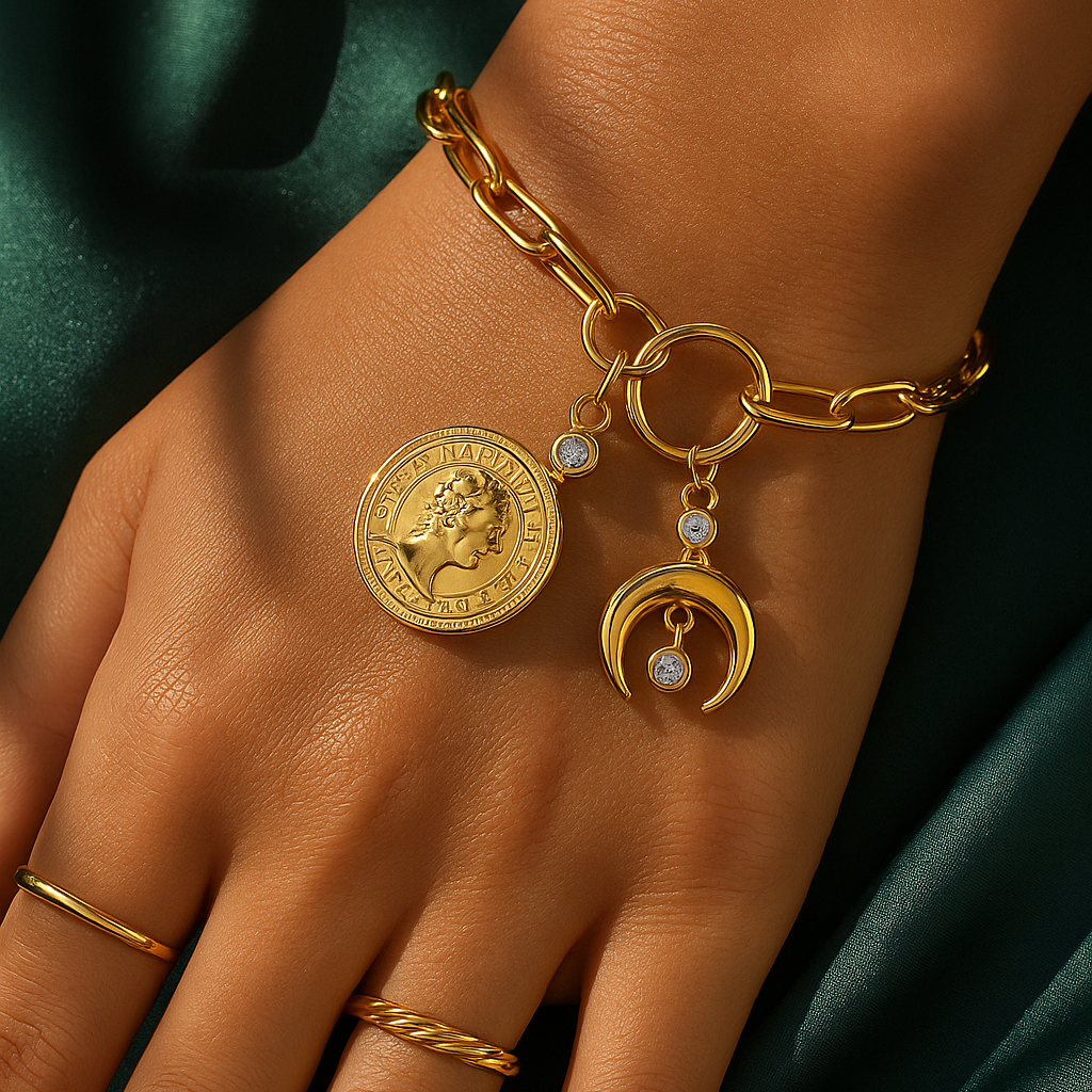 Gold round charm bracelet by Azra Accessories – bold 2.32cm charm with 20cm adjustable chain for everyday wear 1