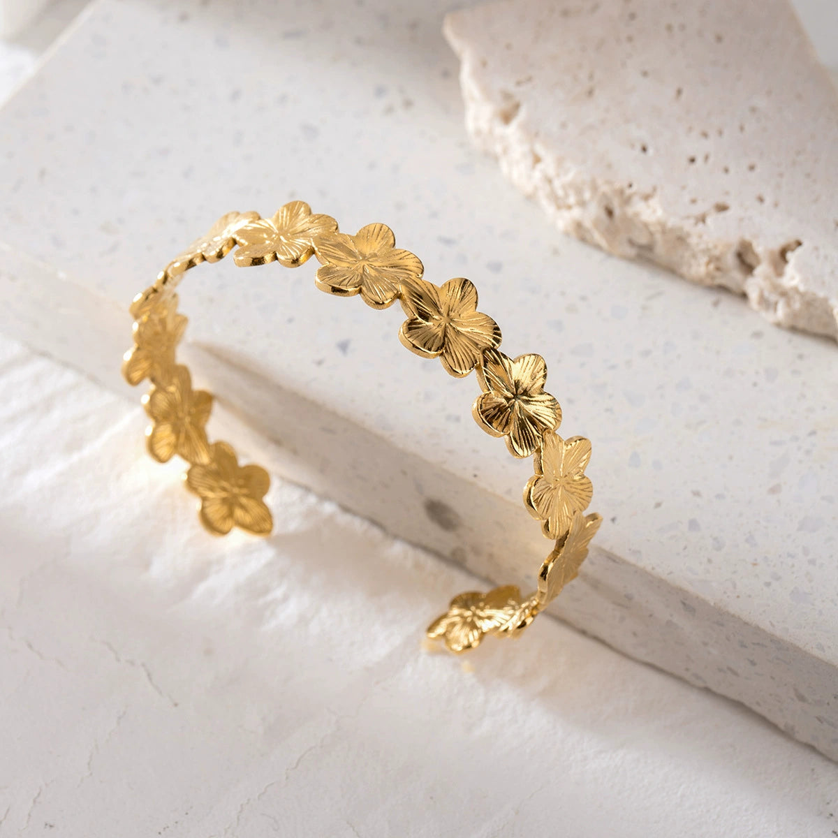 Adjustable gold floral bracelet for women – stainless steel, waterproof, and hypoallergenic. 5