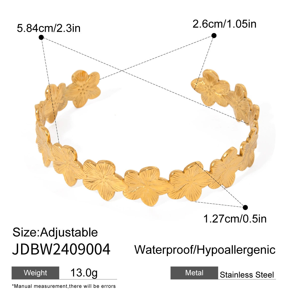 Adjustable gold floral bracelet for women – stainless steel, waterproof, and hypoallergenic. 6