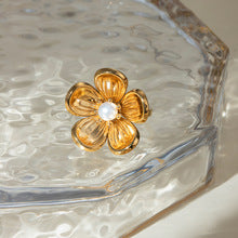 Set of two stackable gold rings featuring pearl and floral designs, adjustable hypoallergenic stainless steel jewelry-5