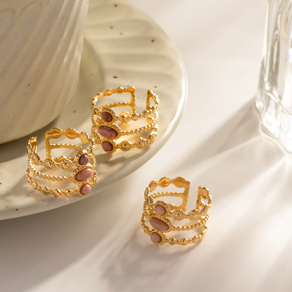Adjustable chunky gold statement ring with pink stone - bold everyday jewelry for women (2.86g) - 3