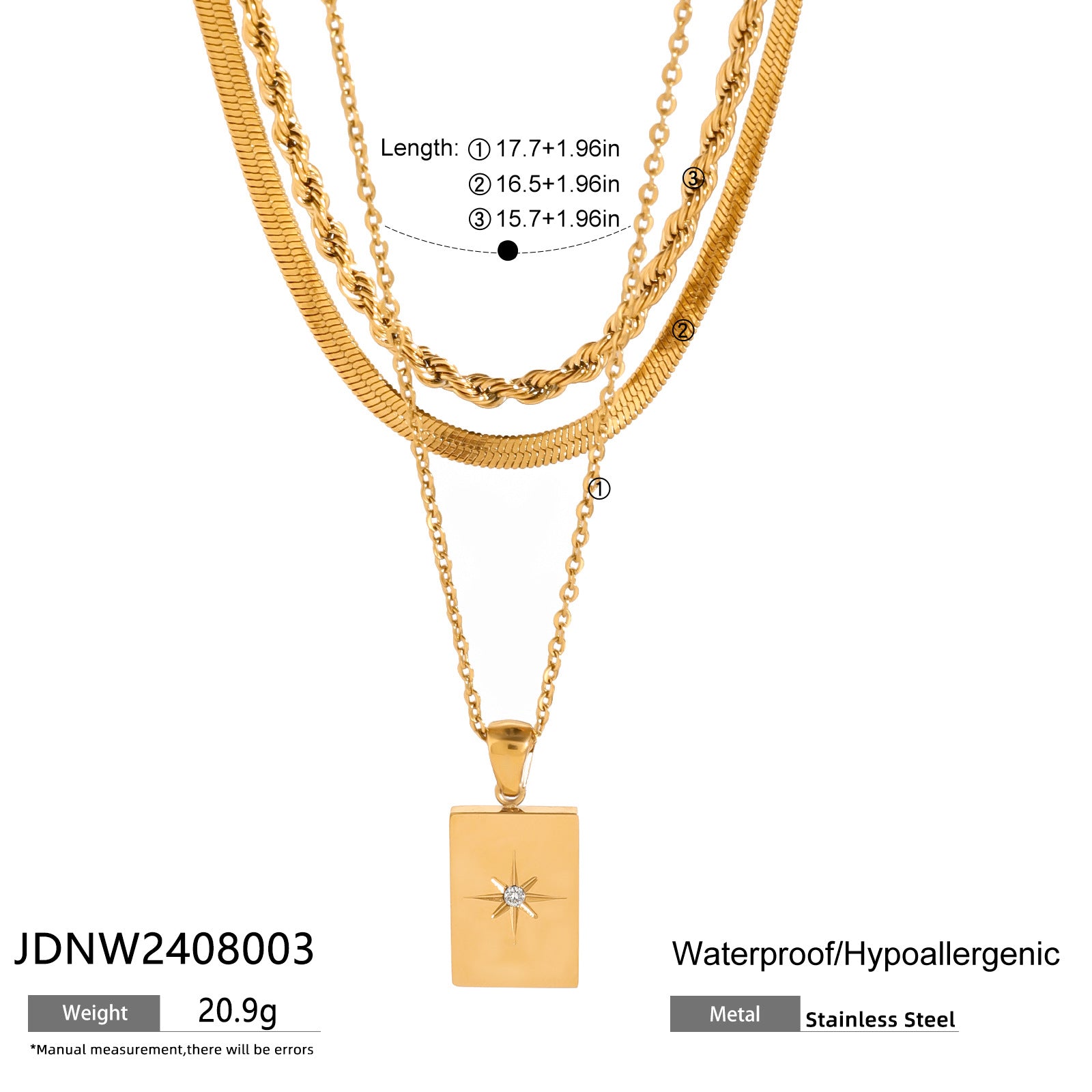 Gold rectangular charm necklace shown at three adjustable lengths (15.7-17.7in) with 20.9g stainless steel chain 4