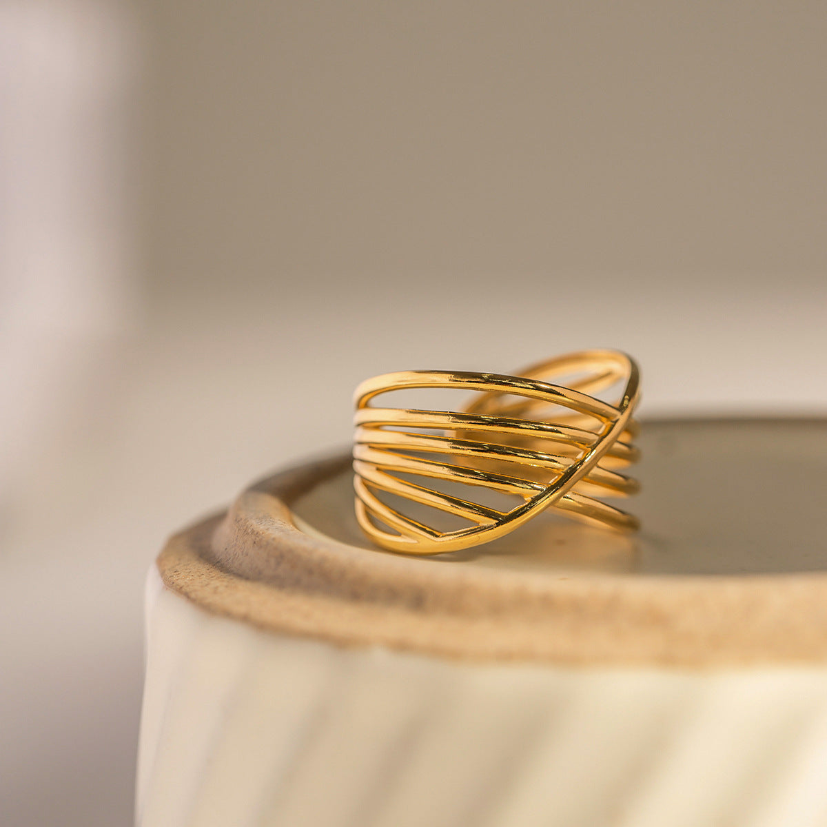 Trendy chunky gold ring with diagonal stripe design - adjustable statement jewelry for everyday wear (2.92g)-1