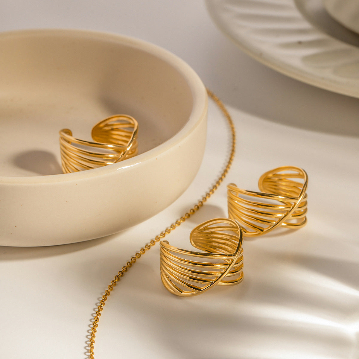 Trendy chunky gold ring with diagonal stripe design - adjustable statement jewelry for everyday wear (2.92g)-3