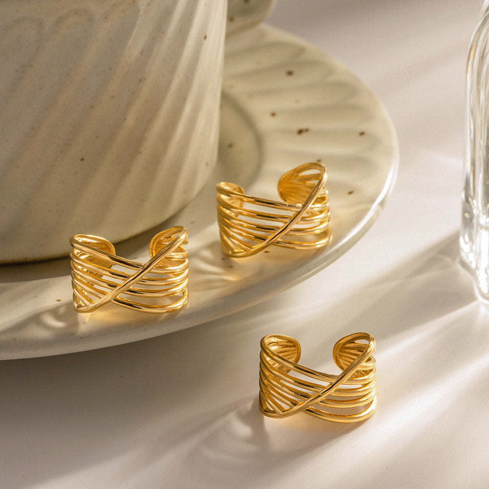 Trendy chunky gold ring with diagonal stripe design - adjustable statement jewelry for everyday wear (2.92g)-6